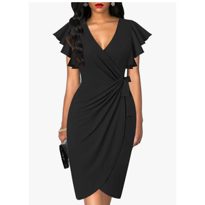 oten Womens Deep V Neck Ruffle Sleeve Sheath Casual Cocktail Party Work Faux Wrap Dress, L
