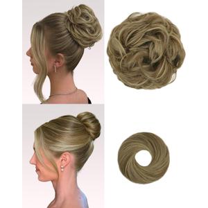 2PCS Messy Bun Hair Piece-Large Wavy Curly & Donut Updo Hair Pieces Set, Scrunchies Synthetic Chignon Ponytail Extensions Thick Updo for Women(Brown with Blonde Highlights)