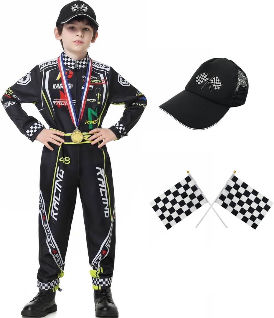 Race Car Driver Costume Boys Racer Jumpsuit With Car Cap Kids Dress Up for Halloween (M(for height 50"-53"), Black)