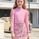 Girls Clothes Skirt Set Fall Winter Long Sleeve Ruffle Top And Plaid Skirt Girls Clothing Set 2 Piece Outfit (Pink)
