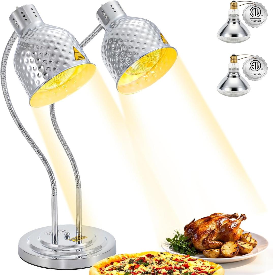 Food Heat Lamp - 500W Commercial Food Warmer Lamp 2-Head Portable Electric Heat Lamps Catering Warming Light for Buffet Parties Restaurant Kitchen, Silver