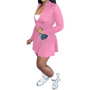 Adogirl Two Piece Tennis Skirt Sets for Women with Shorts Long Sleeve 2 Piece Outfits Zipper Jacket Pleated Mini Dress (Large, Pink)