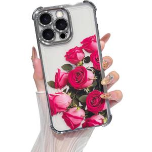 Yeddabox Compatible for iPhone 15 Pro Max Case, Clear Rose Flower Electroplated Cover with Airbag Shockproof Slim Soft TPU Phone Case for Women Girls, Sliver