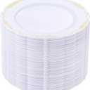 DaYammi 60PCS White and Gold Plastic Plates, Heavy Duty White and Gold Disposable Plates Premium 7.5inch White Dessert Cake Salad Appetizer Plates Hard Plastic Platos Disposable for Party Wedding