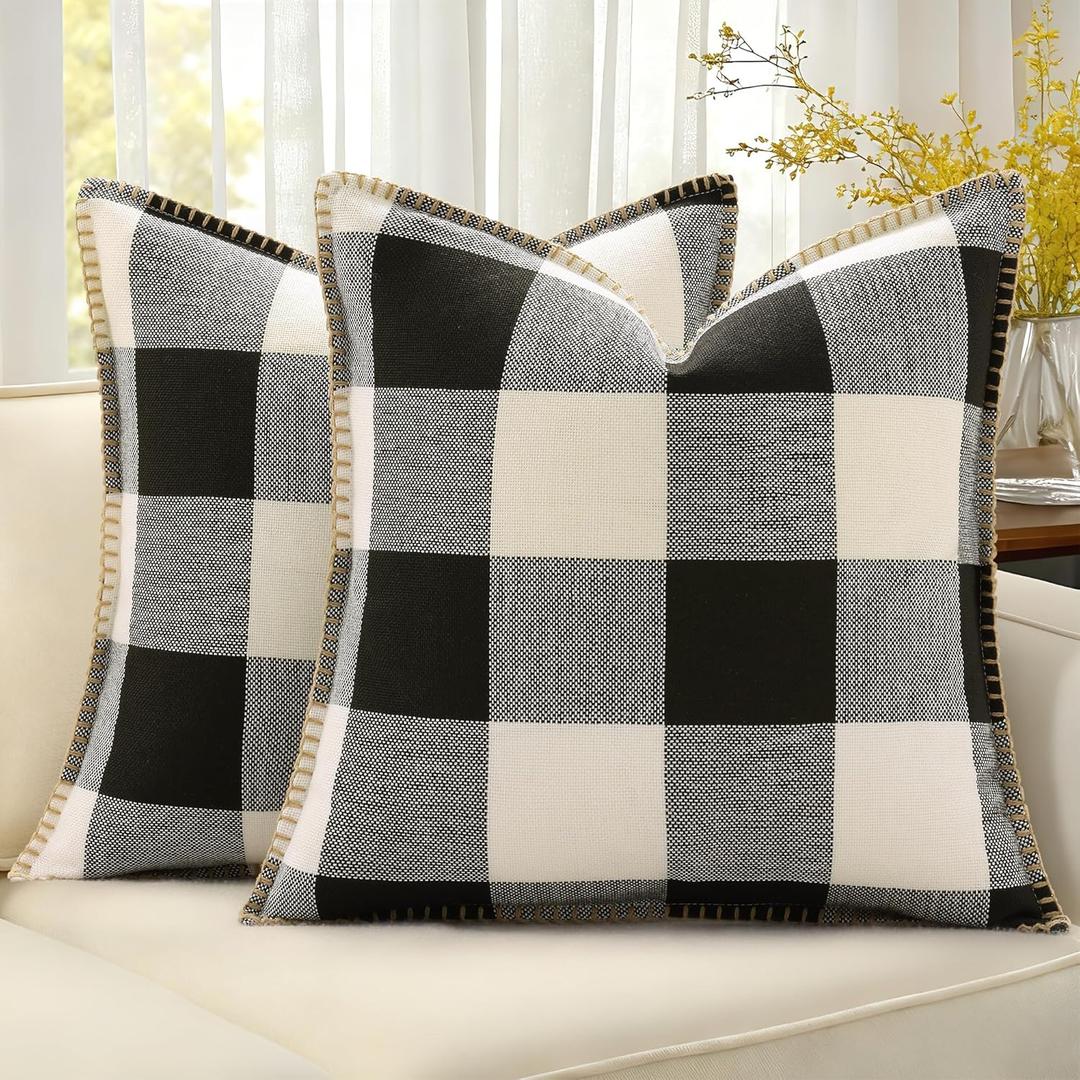 decorUhome Spring Buffalo Plaid Check Throw Pillow Covers 16x16 Set of 2 Outdoor Linen Decorative Farmhouse Gingham Pillow Covers with Stitched Edge for Bed Couch Sofa, Black and White