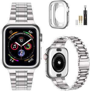 MioHHR Solid Stainless Steel Band Compatible with Apple Watch 46mm (Series 10), Metal Strap with Soft TPU Case for iWatch Series 10 46mm Women and Men, Silver
