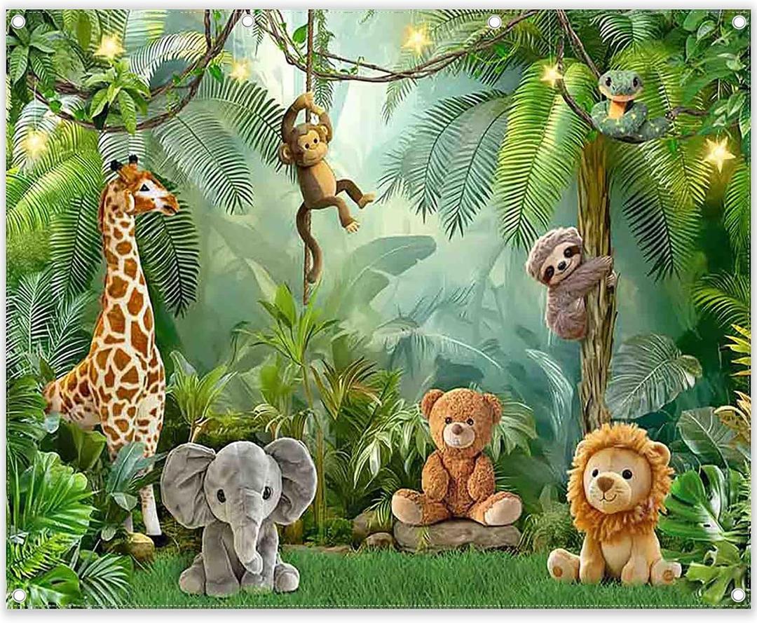 10x8ft Fabric Tropical Rainforest Backdrop Safari Wild Animals Jungle Photography Background Boy Kids Outdoor Adventure Party Decorations Photo Banner Props