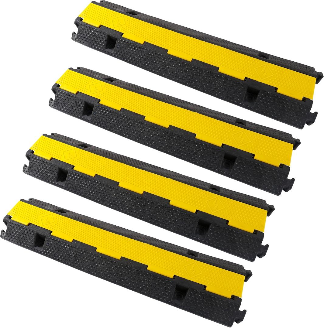 Rubber Cable Ramp Cord Cover Cable Protector Ramps Wire Hose Protective 22000Lbs Load Capacity Traffic 1 Channel Speed Bump for Asphalt Concrete Gravel Driveway, 4 Pack