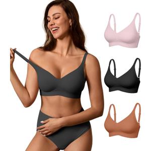 DEANGELMON Seamless Bras for Women No Underwire Comfortable Push Up Bra V Neck Wireless Bralette Full Coverage Wire Free (Medium, Black+pink+coffee)