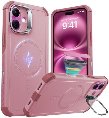 ESR for iPhone 16 Case with Stash Stand, Camera Control, 23FT Military-Grade Shock-Absorbing Drop Protection, Compatible with MagSafe Accessories, Magnetic Cyber Series, Pink