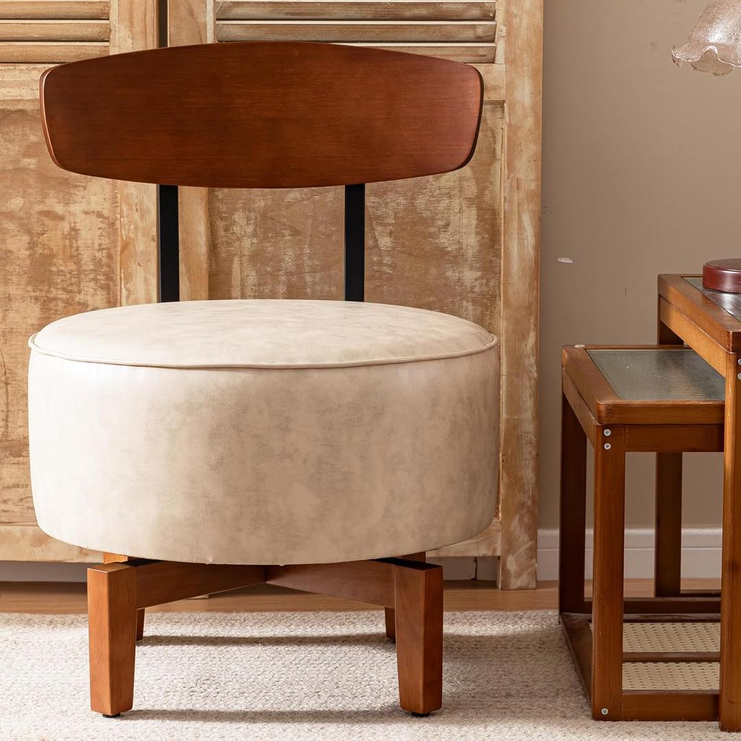 Swivel Accent Chair Living Room Chair with Back, upholstered Wood mid Century Modern Chair for Bedroom Office, Faux Leather Sand Gray