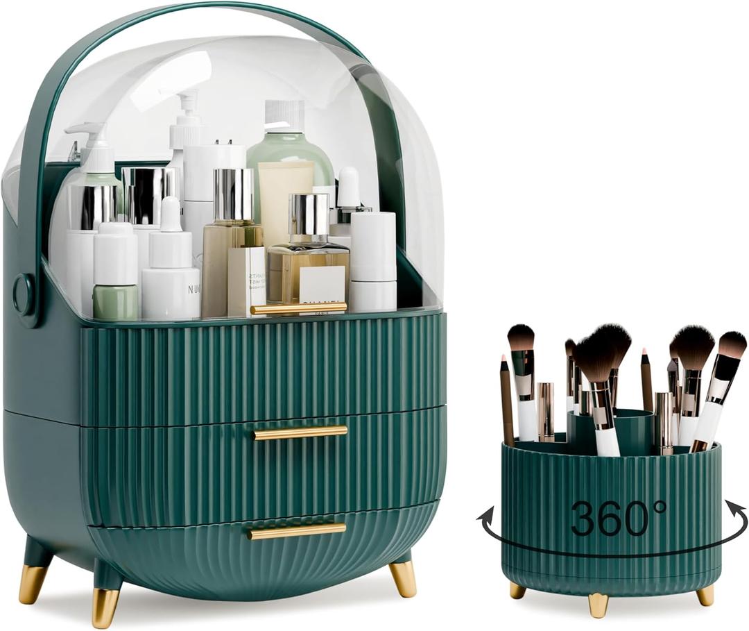 Makeup Organizers and Storage Make up Organizer for Vanity Cosmetics Skincare With Lid and Drawers Display Cases for Countertop Bathroom Women Teenager Girl Gifts(Dark Green+Brush Holder)