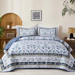 DJY King Size Quilt Sets, Navy Blue Floral Quilt Set King 3 Pieces Boho Bedspread Coverlet Set with 2 Pillowcases Soft Lightweight Microfiber Bedding for All Season (90"x104")