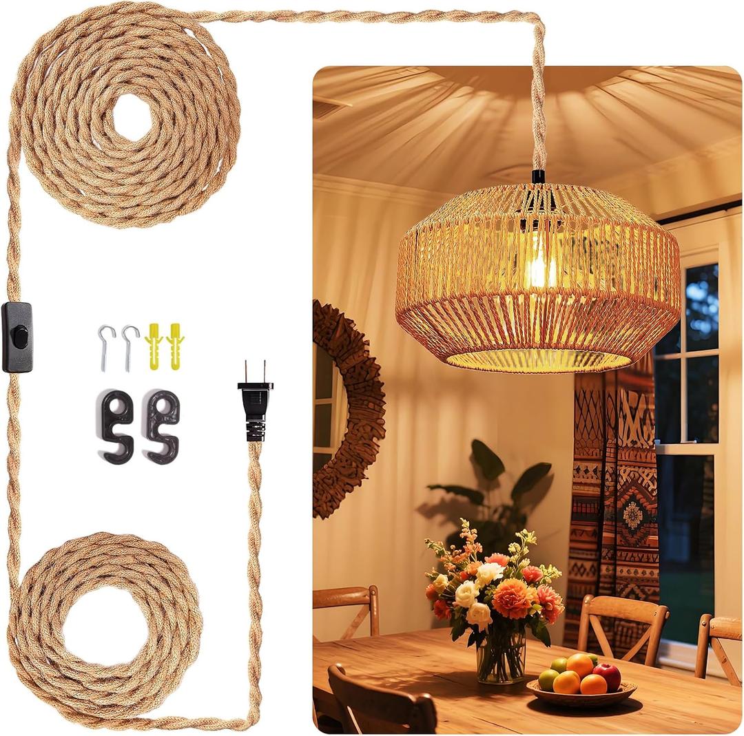Maliralt Hanging Lamps Rattan Pendant Light Hanging Lights 16.4ft Plug in Cord Pendant Light Fixture Plug Into Wall Outlet Pendant Lighting with On Off Switch for Bedroom Living (11.8 Inch - Pumpkin Shade)