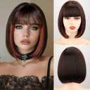 WERD Short Bob Brown Wig with Bangs Synthetic Hair for Women mixed Brown Orange Highlights Wigs for Cosplay Party Daily Halloween
