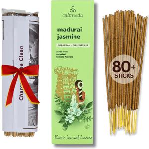 Madurai Jasmine Incense Sticks Exotic - Sensual Aroma (80 Sticks) Charcoal Free Incense, Made from Upcycled Flowers | Rich Decadent from Green, Fruity Yet Creamy Floral | Kama or Love Incense Sticks