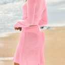 Saodimallsu Women Crochet Bathing Suit Cover Up Sheer Wrap Tie Crop Top Mini Skirt Set Bikini Cover Beachwear Pink