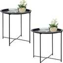 Garden 4 you End Table 2 PCS Metal Side Table Black Round Folding Tray Cyan Sofa Small Accent Fold-able Table, Round End Table Tray, Next to Sofa Table, Snack Table for Living Room and Bed Room