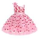 Kids Girls Birthday Party Dress Asymmetric Shoulder Straps Ruched Tulle Tutu Ruffle Dress Cake Crush Pink Heart, 5-6 Years