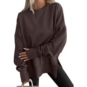 ANRABESS Women Oversized Sweatshirts Thumbhole Long Sleeve Hoodies Shirts 2025 Fall Side Slit Pullover Top Teen Y2k Outfits (Large, Coffee)