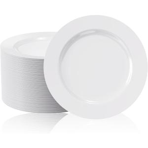 FOCUSLINE 100 Count White Plastic Plates 10 Inch, Disposable Heavy Duty Dinner Plates- Premium Hard Plastic Plate Fancy Disposable White Plate for Weddings, Parties and Events (10 Inch White Plates)