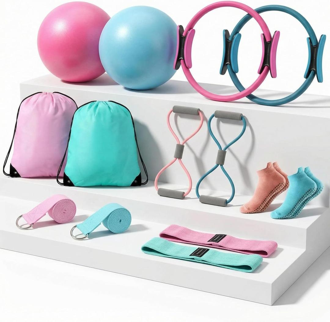 Poen Pilates Equipment Kit for Home Workout Pilates Ring and Ball Set for Women 12'' Circle Yoga Fitness Essentials Kit with Resistance Bands, Yoga Strap, Socks,Bag