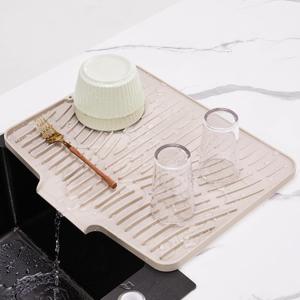 Silicone Dish Drying Mat for Kitchen Counter,Non-Slip Dish Drying Pad with Drain Lip,Heat Resistant Sink drying Mat for Dishes,Large Rubber dish drain mat dish rack mat (Cream,15.8"x13")