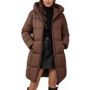 Women's Hooded Long Puffer Coat Winter Warm Full Zip Lightweight Quilted Jacket with Pockets (Large, Brown)