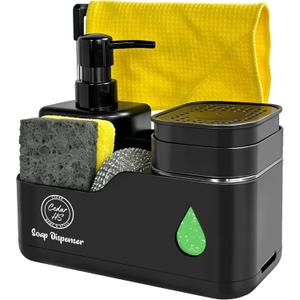 Kitchen Soap Dispenser Set (Black)  4 in 1 Dual Pump Bottles with Sponge Caddy, Brush Holder, Towel Bar & Drain Rack  Space-Saving Countertop Organizer for Sink & Bathroom