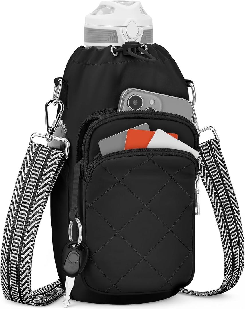 Water Bottle Bag CrossbodyInsulated Water Bottle Purse Crossbody Water Bottle Holder with Strap 40 oz (Black)