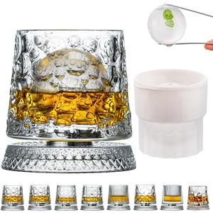 360 Degree Rotating Whiskey Glass Set with Ice Ball Mold, Crystal Clear Bourbon Scotch Glassware for Men, Fun & Novelty Gifts (Pattern 7)