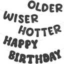Older Wiser Hotter Banner - Pre Strung Glitter Black Fun Happy Birthday Garland for Women Men Black Birthday Decorations Retirement Party Supplies