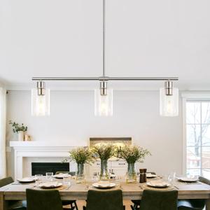 Linear Kitchen Island Lighting, 3-Light Brushed Nickel Chandelier Pendant Light Fixtures with Glass Shade, Farmhouse Chandelier Pendant Lights for Kitchen Island Dining Room Bar Foyer Entryway