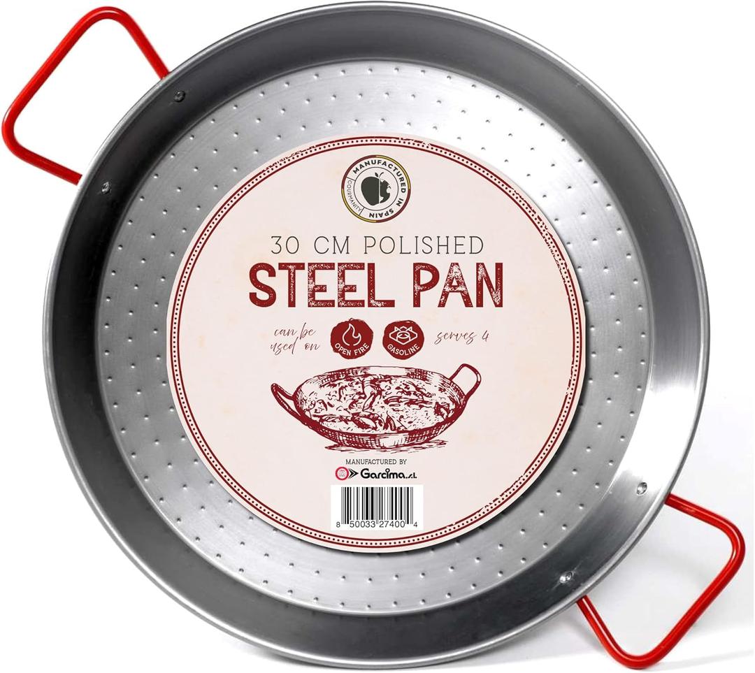 Gourmanity 12 inch Carbon Steel Paella Pan, 30cm Polished Steel Large Skillet From Spain, Great for Paella Parties Indoors, Outdoors, Camping & More, Imported Spanish Paellera, Made by Garcima
