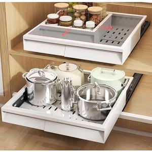 Seinloes 1 Pack Pull Out Cabinet Organizer Expandable Width(11"-15.5") & Depth(12.2"-16.3"), 3 Slide Rails Slide Out Drawers with Handle, Includes Raising Pad for Framed Cabinets, White