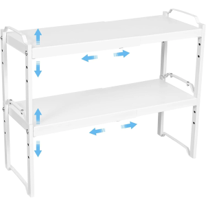 2 Pack Expandable Cabinet Countertop Shelves, Stackable Shelves Organizers For Kitchen Cabinet Countertop Storage, Adjustable Counter Cupboard Pantry Organizer Shelf Rack Stand, Length:20.5", White