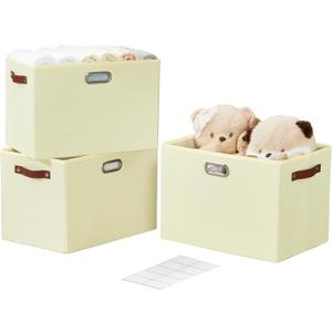 3-Pack Foldable Fabric Storage Bins with Durable PU & Metal Handles , Collapsible Storage Baskets for Shelves, Home Storage, Closet Organizers, Living Room(17"x11.8"x11.8", Beige) (Extra Large)