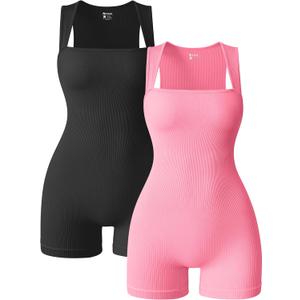 OQQ Women 2 Piece Rompers Yoga Stretch Strappy Square Neck Sleeveless Exercise Rompers (Large, Black,candypink)