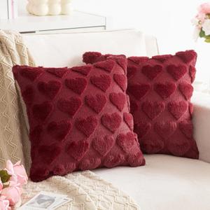 AQOTHES Wine Red Valentines Throw Pillow Covers 18x18 inch Set of 2 Valentine's Day Decor Faux Fur Love Heart Throw Pillows for Sofa Couch Living Room Holiday Festivals Decoration