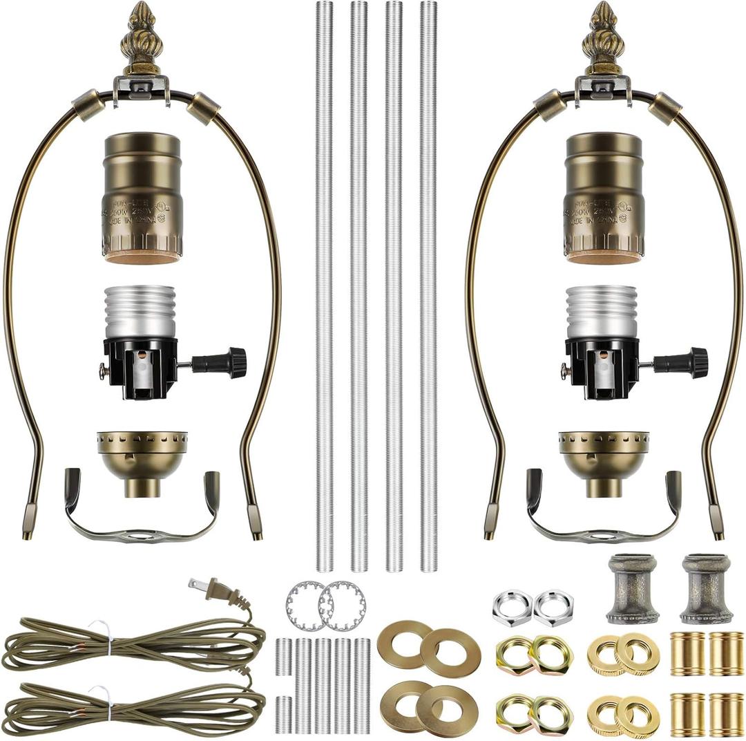 Mudder 2 Sets Silver Finish Make a Lamp Light Kit, Lamp Wiring with 8 Inch Harp and 3 Way Socket, Make a Amp Kit Complete for DIY Light Design or Repair(Brass)
