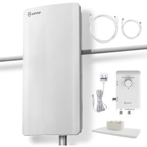 ANTOP HDTV  FM Amplified Antenna 85 Miles AT-800SBS with Dual Outputs Smart Boost System, Support TV and Second Device-FM Stereo, a Second TV or Any OTA-Ready Streaming Device or Projector