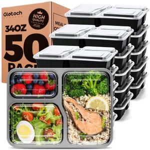 Glotoch 50 Pack (100-Piece) 34oz Meal Prep Containers Reusable with Lids 3-Compartment Containers Microwave, Freezer, Dishwasher Safe - Leakproof Durable To Go Take Out Plastic Food Storage