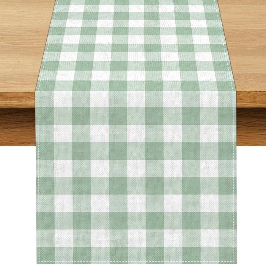 Sage Green Gingham Party Table Runner Green and White Checkered Plaid Decorations for Birthday Bridal Baby Shower Home Dining Kitchen Island Decor (13" x 108")