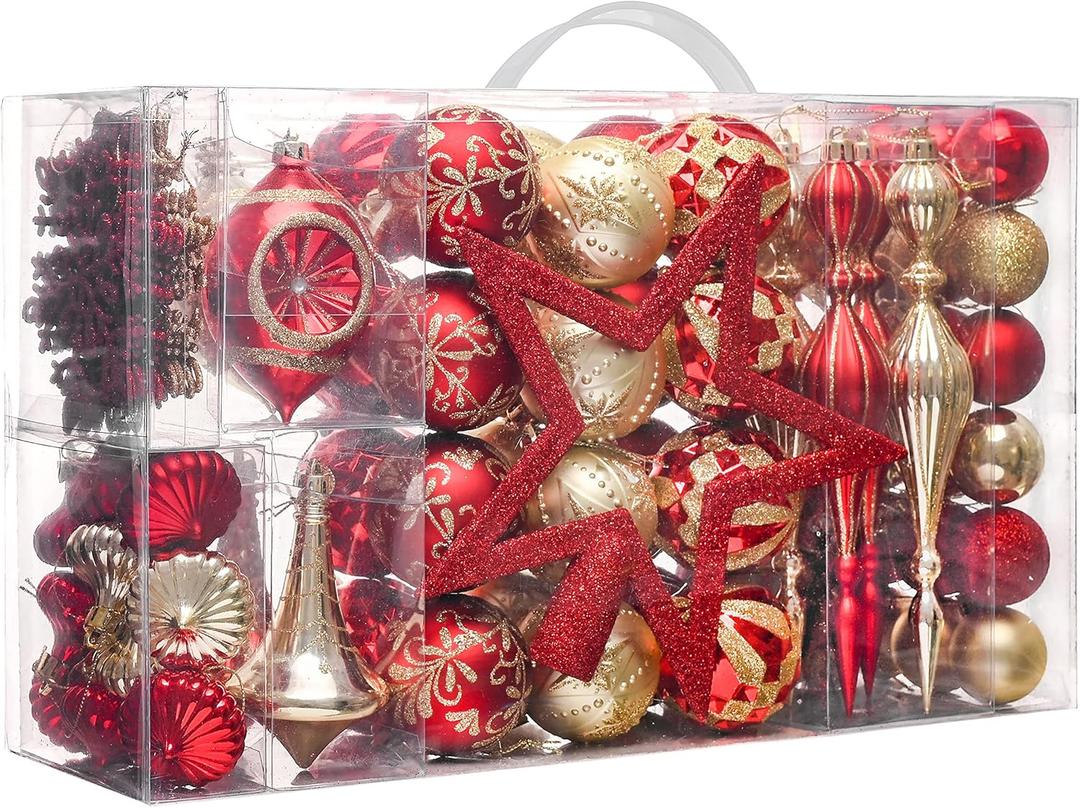 Valery Madelyn Ornaments for Christmas Trees, 100ct Red and Gold Shatterproof Christmas Tree Decorations, Luxury Hanging Ball Ornaments Bulk for Xmas Holiday Decor