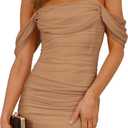 PRETTYGARDEN Summer Dresses for Women 2025 Off Shoulder Ruched Mesh Cocktail Party Graduation Bodycon Mini Short Dress (Khaki,Small)