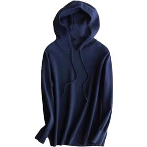Spring and Autumn Women's Wool Hooded Sweater Solid Color Knit Sweater (Dark Blue)