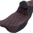 One-Piece Two-Up Seat With Driver Backrest Fit for Harley Touring 2009-2023, Red Stitching w/Driver Backrest