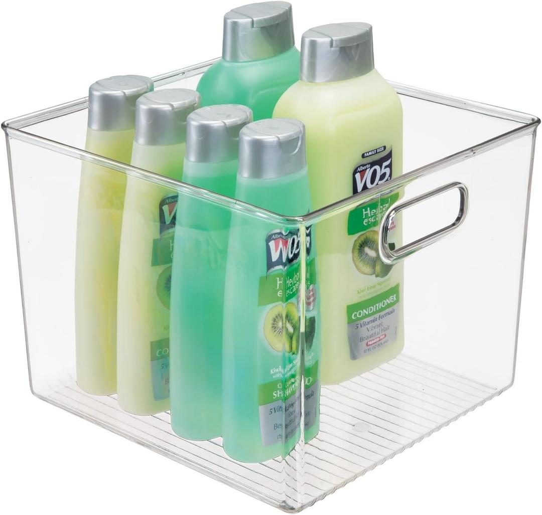 mDesign Plastic Modern Storage Organizer Bin Basket with Handles for Bathroom Organization - Shelf, Cubby, Cabinet, Vanity, and Closet Organizing Decor - Ligne Collection - Clear (10 x 10 x 8 (Pack of 1))