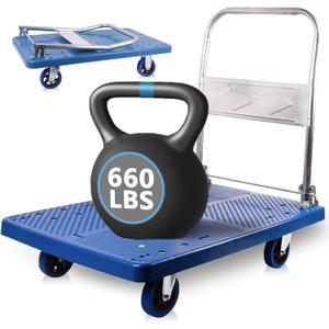 Foldable Push Cart Dolly 660 lbs, Capacity Heavy Duty Moving Platform Trucks Hand Cart with 360 Swivel Wheels for Home Garden Warehouse Garage Workshops (Blue)