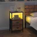 Sthmec Rustic Brown Industrial Nightstand Set of 2, Bedside Table with 2 Fabric Drawers, 3-Tier Storage, LED Light, Charging Station, 11.38''D * 15.38''W* 24.75''H